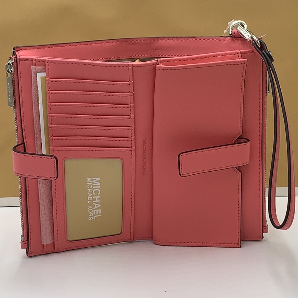 MICHAEL KORS JET SET TRAVEL LARGE DOUBLE ZIP WRISTLET WALLET TEA ROSE COLOR - Picture 8 of 14